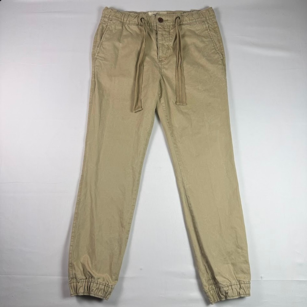 Y2K Hollister Mens Twill Jogger Pants Tan Cotton Small Drawstring Button Fly